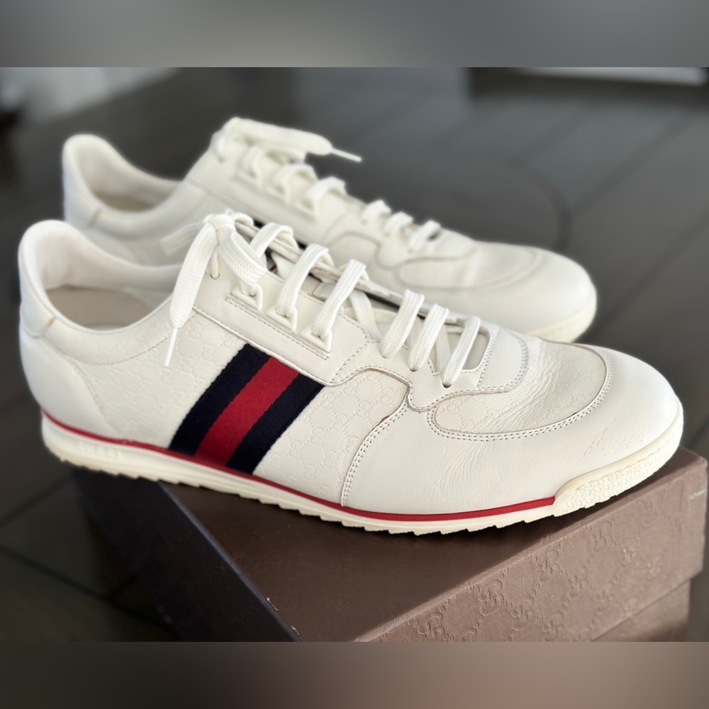Gucci Micro Guccissima 233334 Men's White Leather Web Sneakers sz 13 1/2